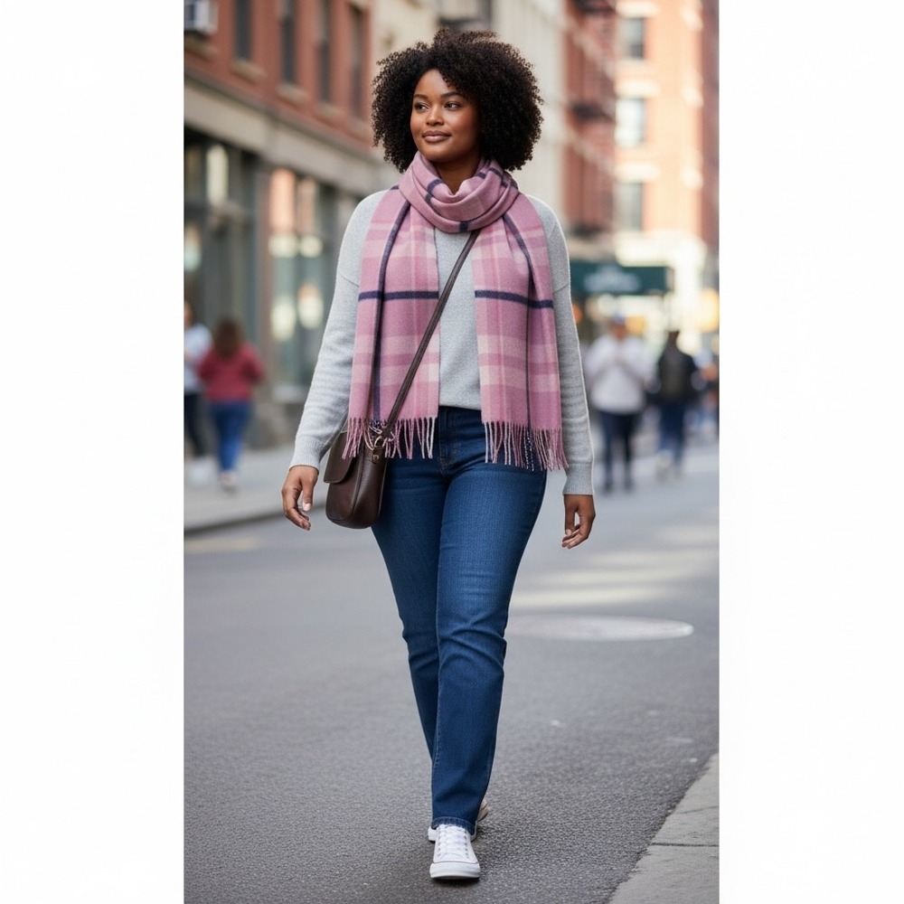 Louisa‎ Perini Pink Plaid 100% Cashmere Scarf with Fringe Trim NEW